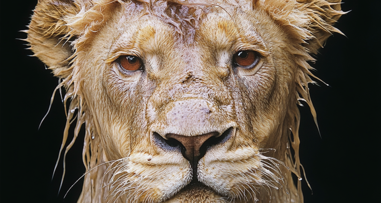 revolutiondotie_62879_A_photography_of_a_sad_lion_with_wet_ha_36b63d5b-bbd8-4064-ae2f-bd320f03ce21_1